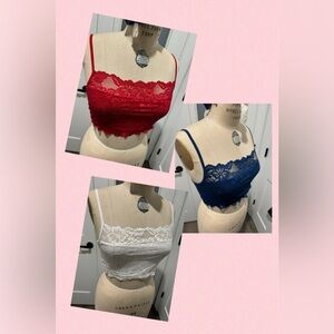 3 EUC bralettes or tops in red, white and blue.